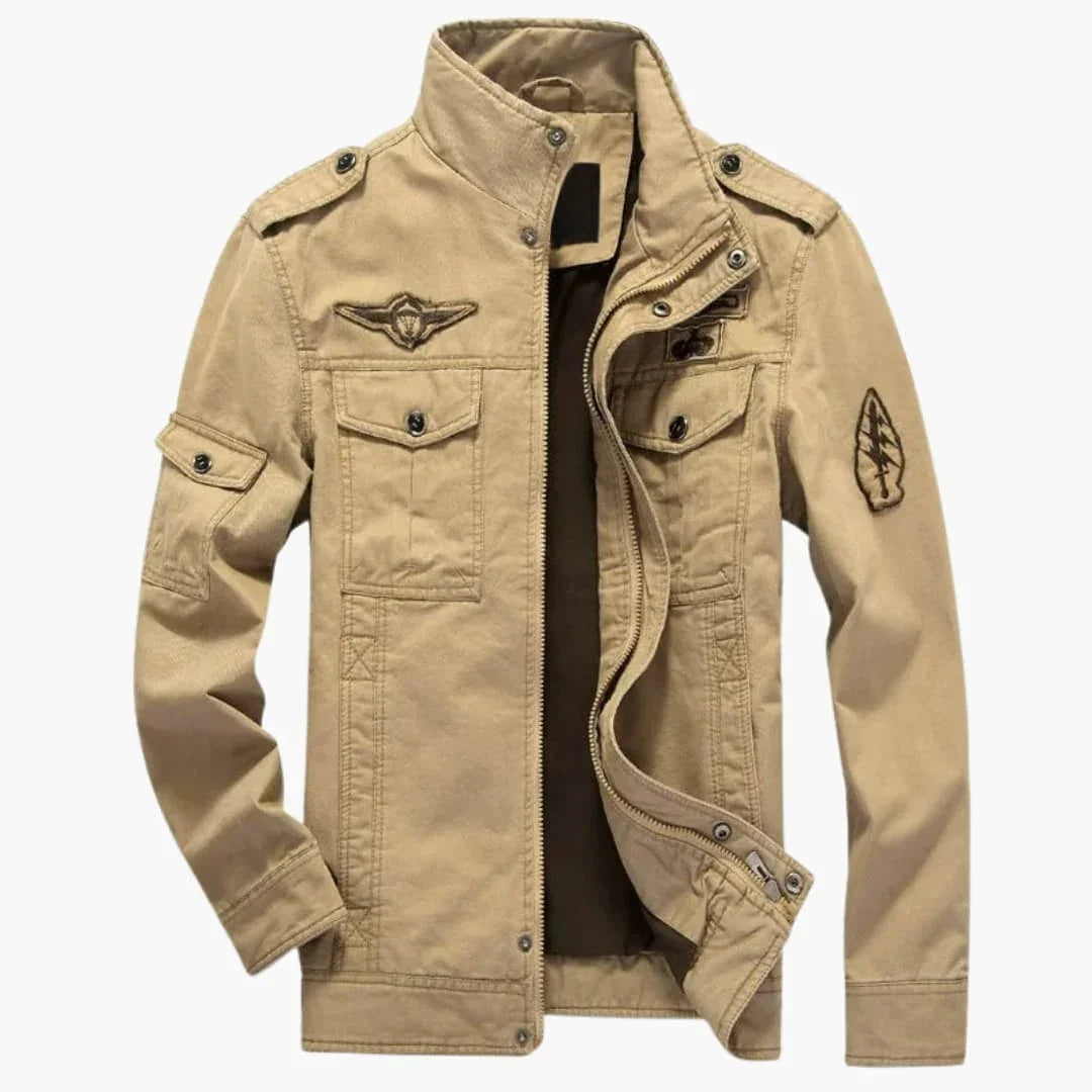 Men's Military Style Jacket with Stand-Up Collar and Flap Pockets