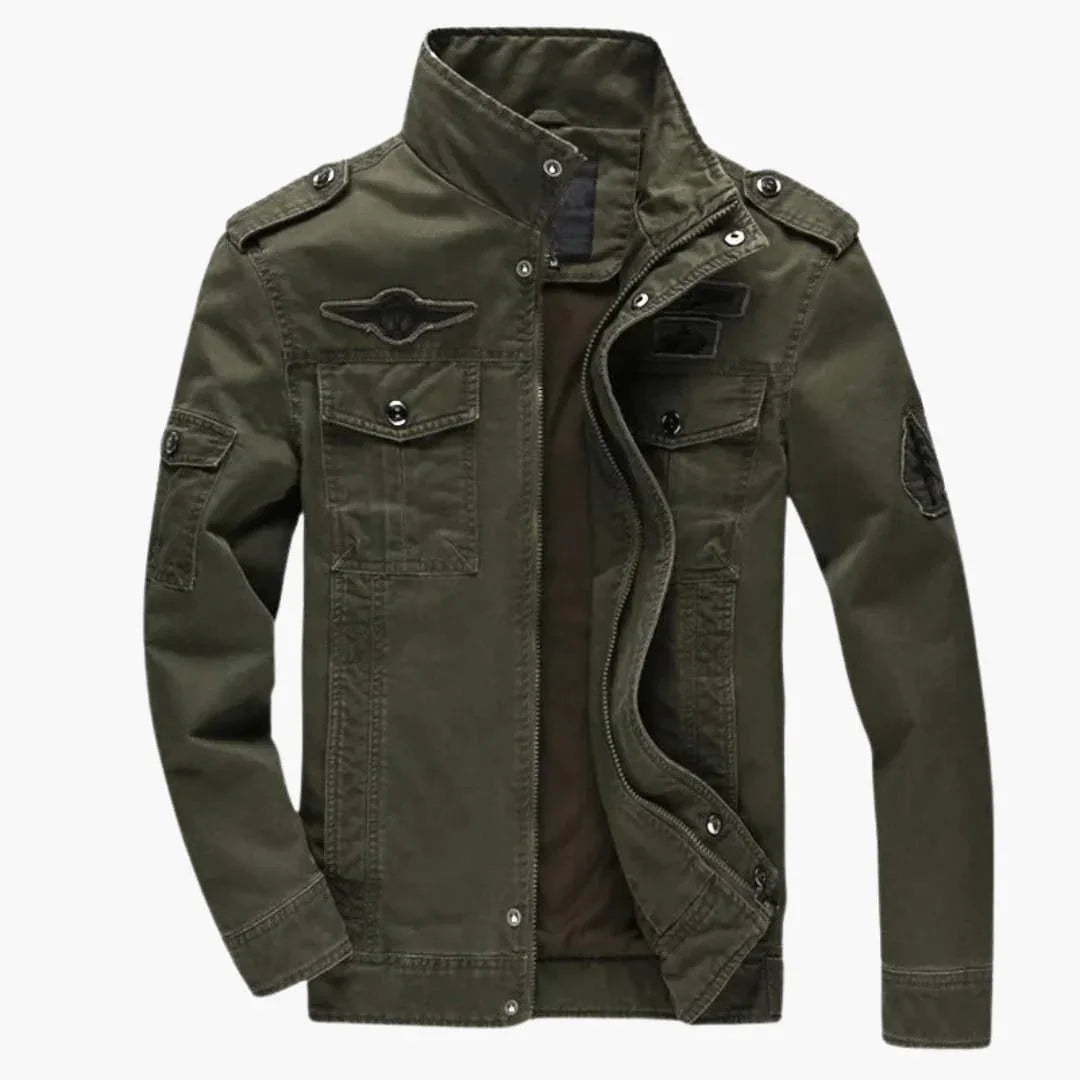 Men's Military Style Jacket with Stand-Up Collar and Flap Pockets