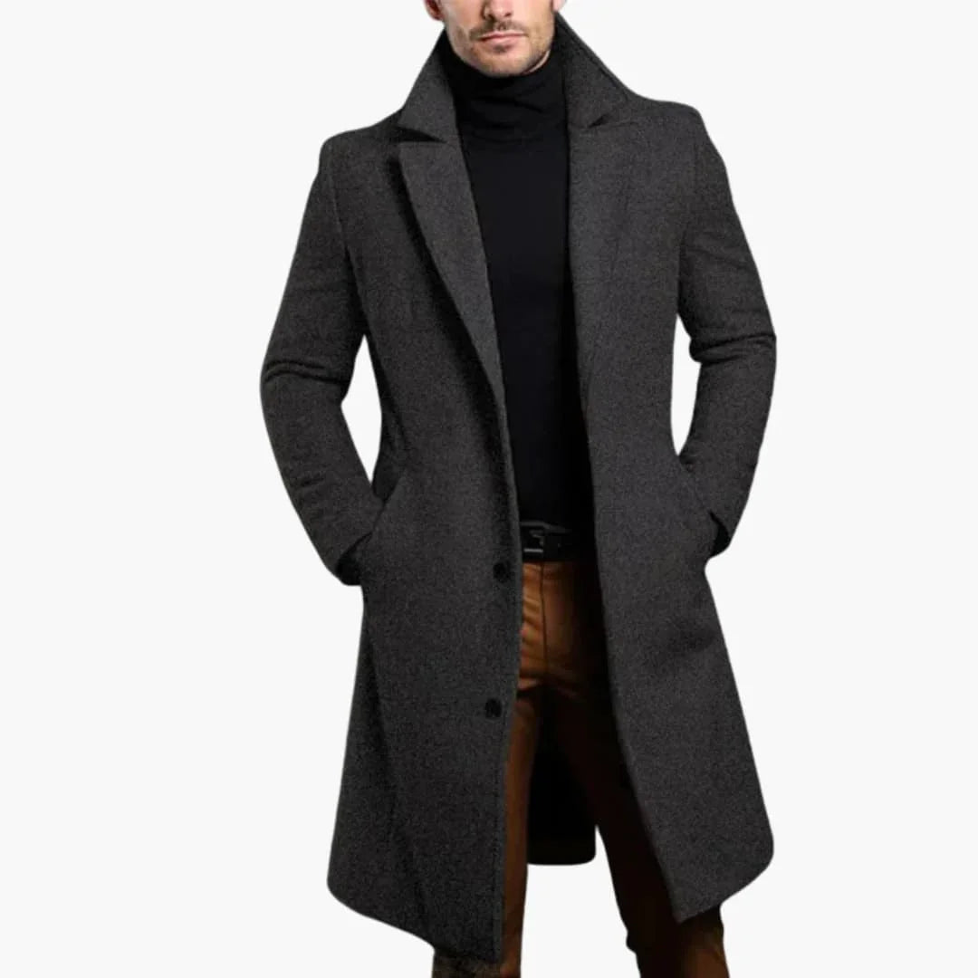Men's Coat with Notched Collar and Button Closure in Front