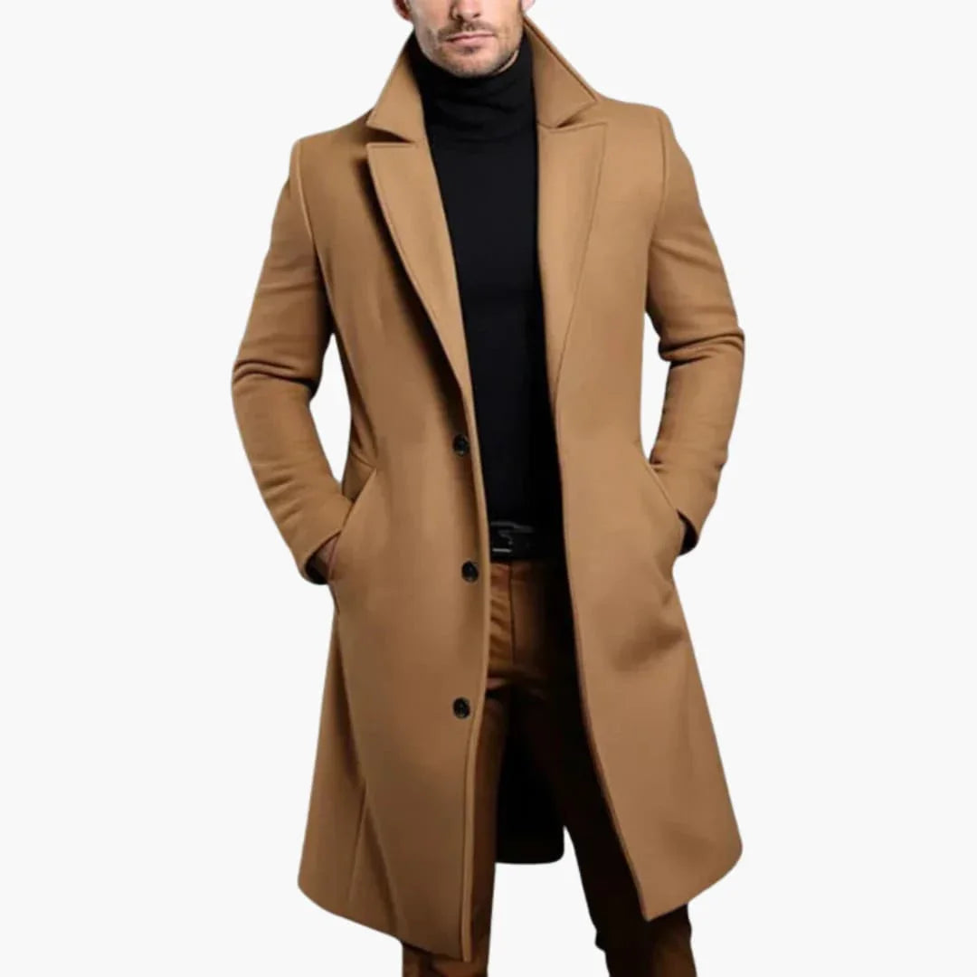 Men's Coat with Notched Collar and Button Closure in Front