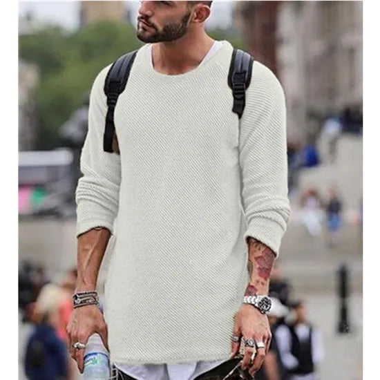 Men's Knitted Sweater with Round Neck and Ribbed Cuffs