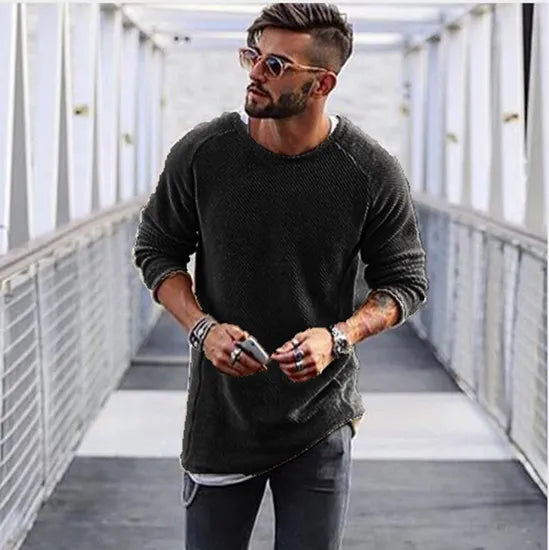 Men's Knitted Sweater with Round Neck and Ribbed Cuffs