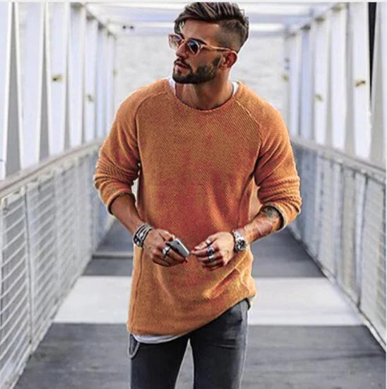 Men's Knitted Sweater with Round Neck and Ribbed Cuffs