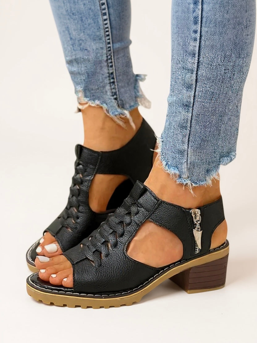 Womens Orthopedic Sandals with Block Heel and Zip Closure