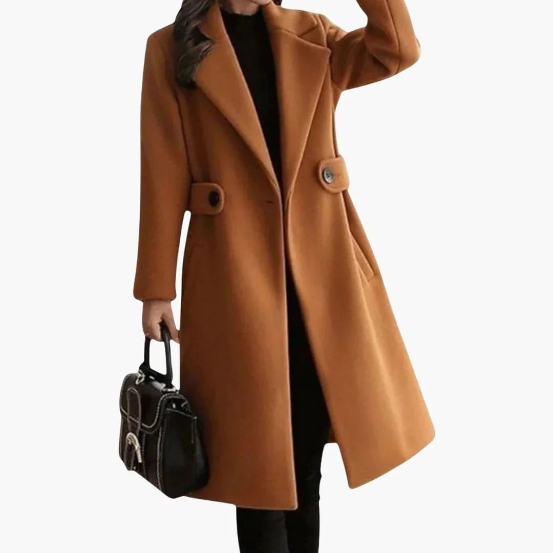 Long Women's Coat with Lapel Collar and Button Closure