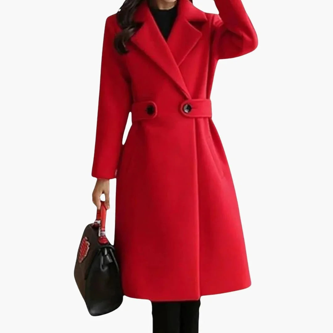 Long Women's Coat with Lapel Collar and Button Closure
