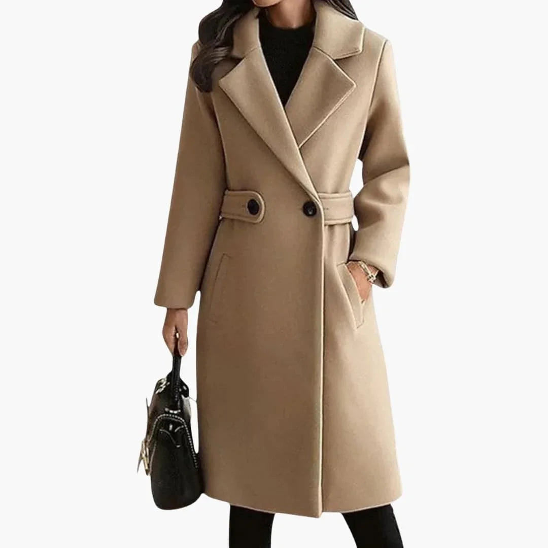Long Women's Coat with Lapel Collar and Button Closure