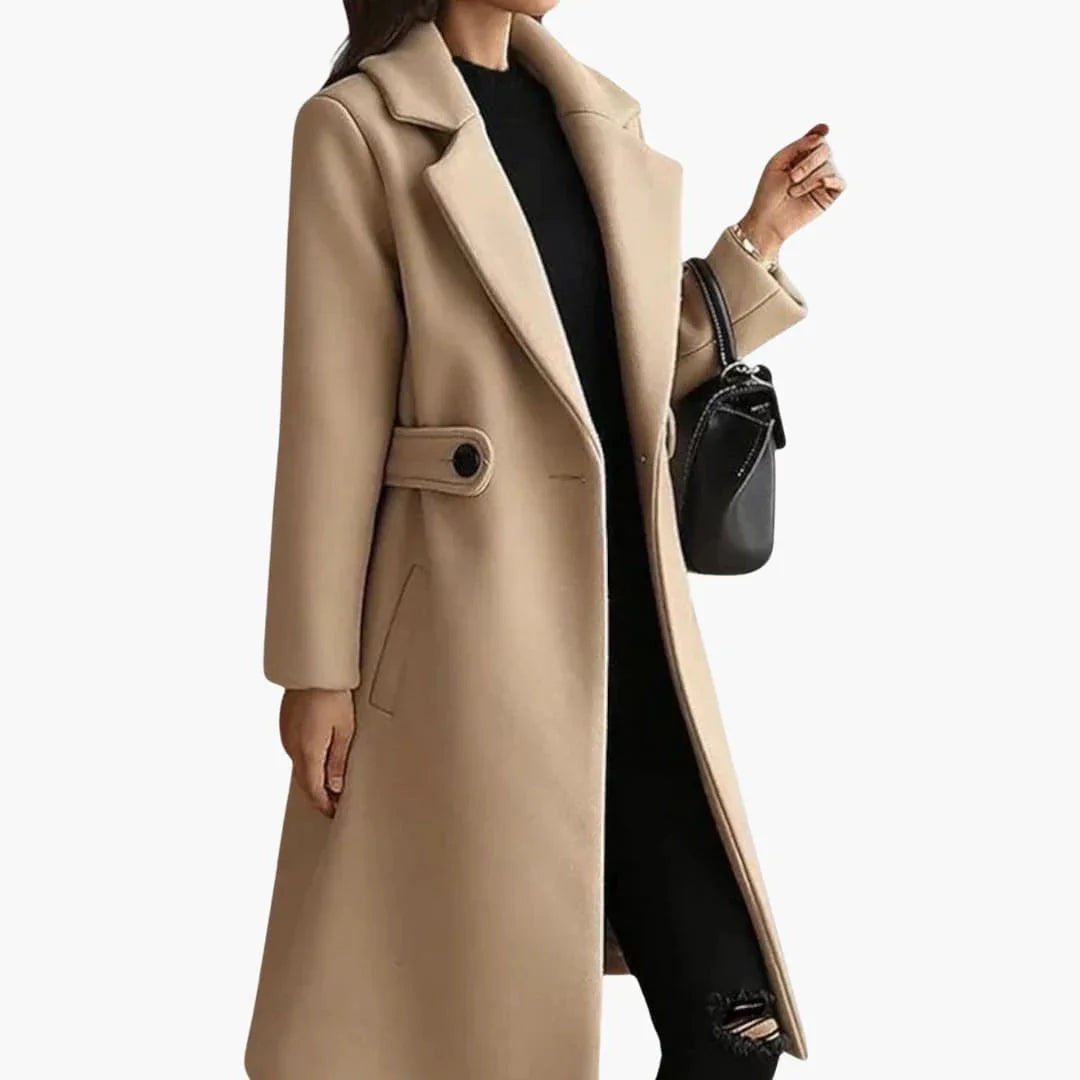 Long Women's Coat with Lapel Collar and Button Closure