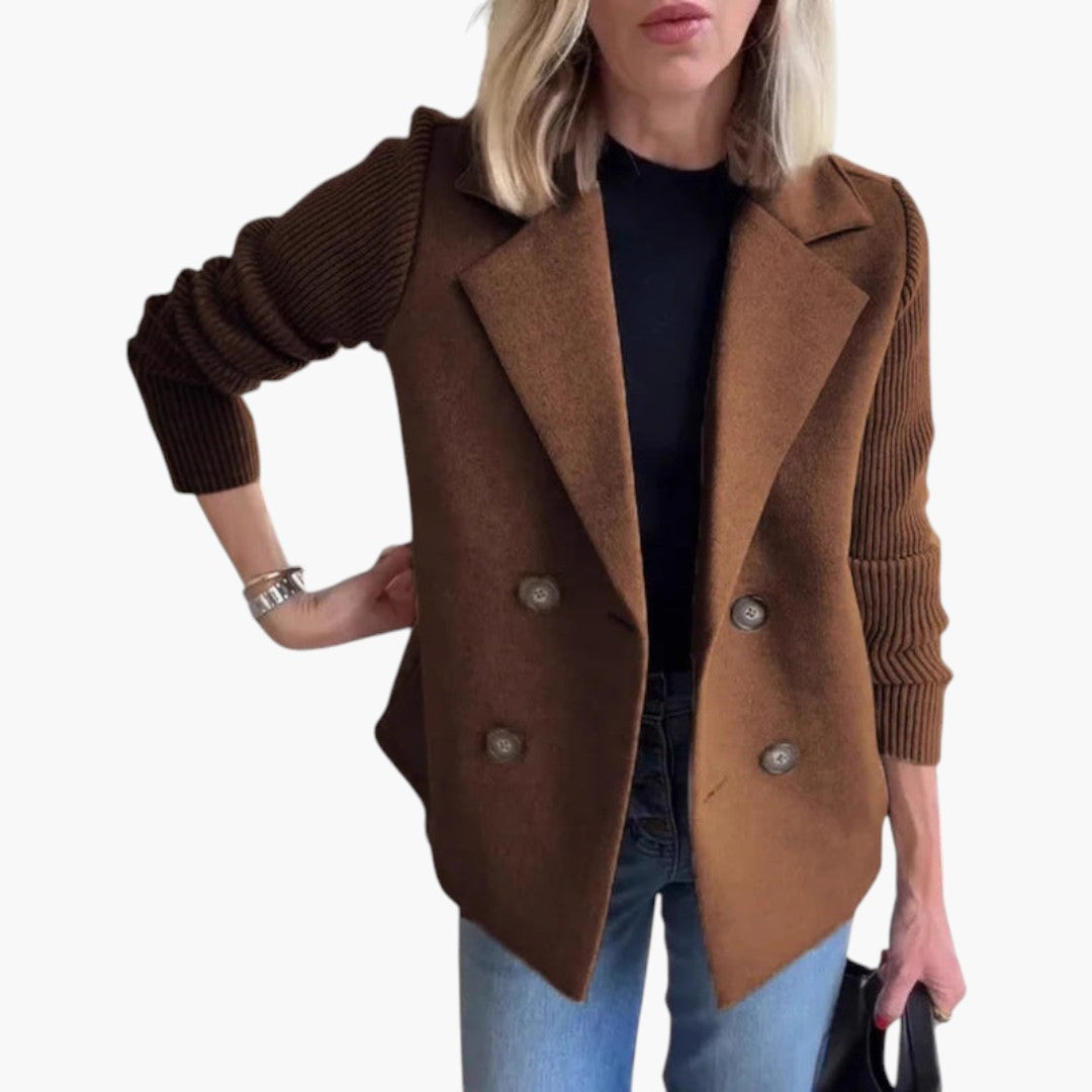 Women's Wool Coat with Knit Sleeves and Button Front Closure