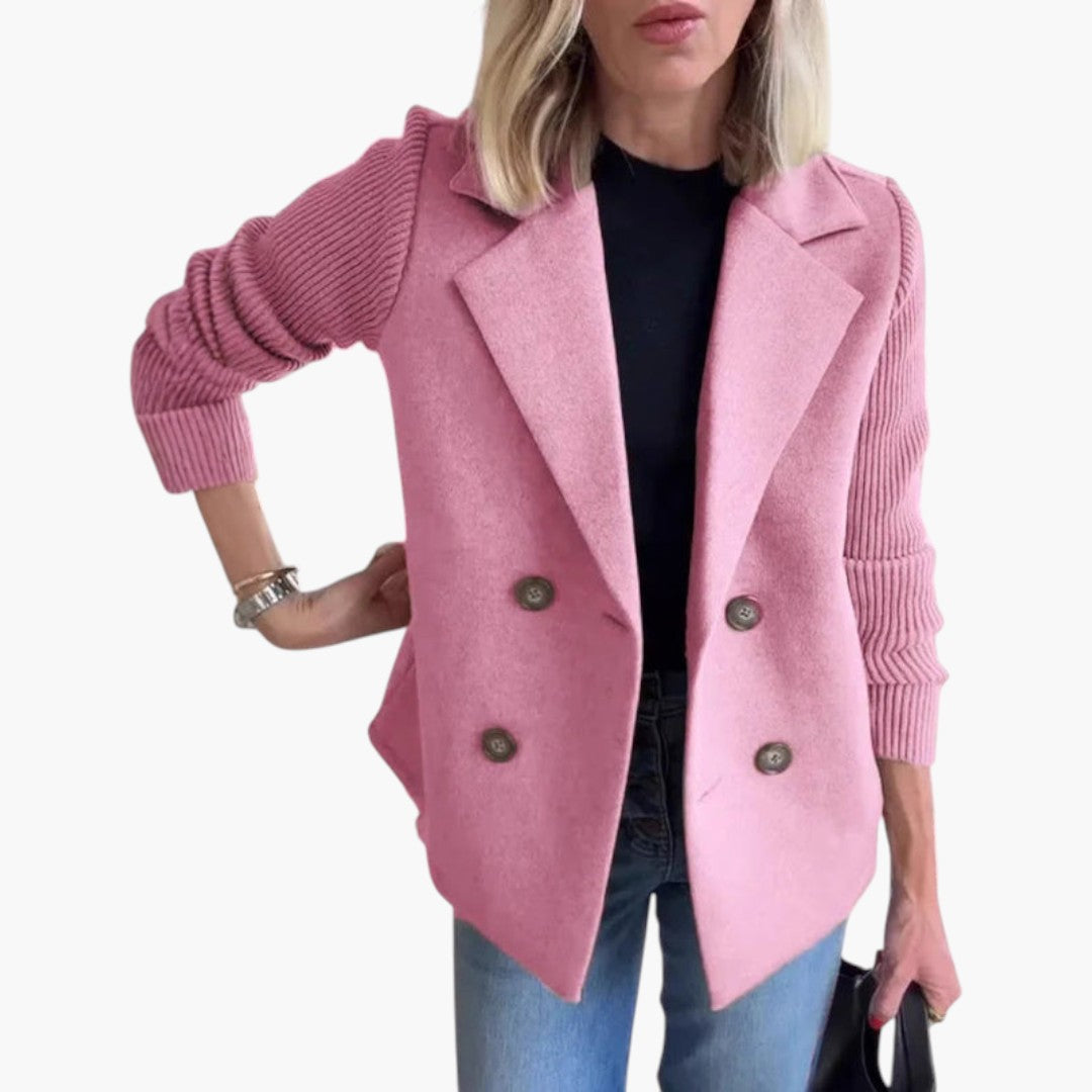 Women's Wool Coat with Knit Sleeves and Button Front Closure