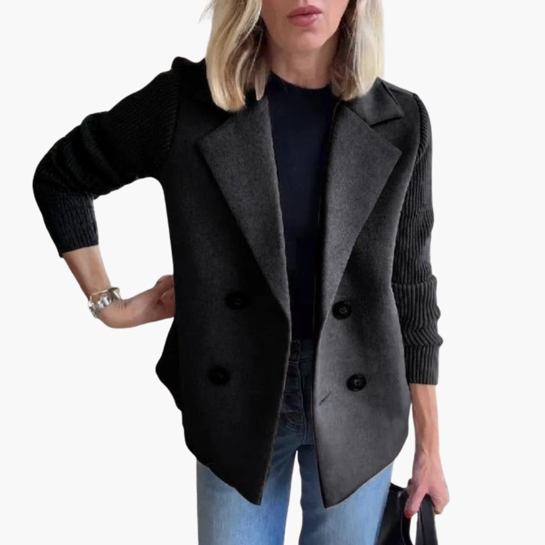 Women's Wool Coat with Knit Sleeves and Button Front Closure
