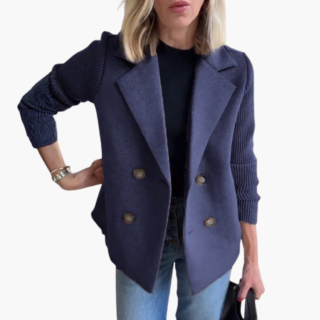 Women's Wool Coat with Knit Sleeves and Button Front Closure