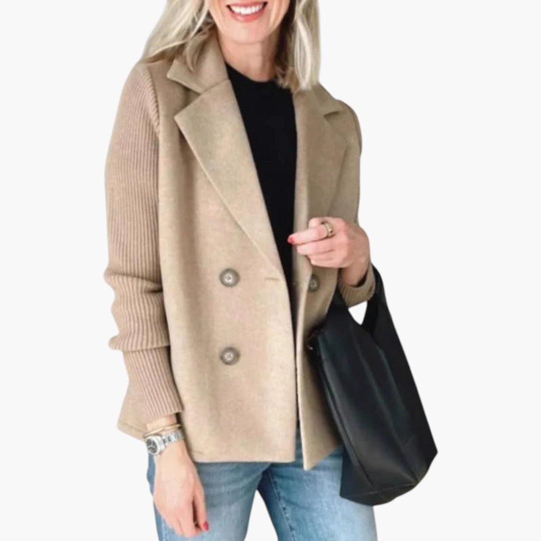 Women's Wool Coat with Knit Sleeves and Button Front Closure