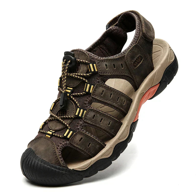 Men's Leather Sandals with Elastic Closure and Rubber Sole