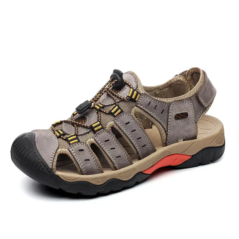 Men's Leather Sandals with Elastic Closure and Rubber Sole