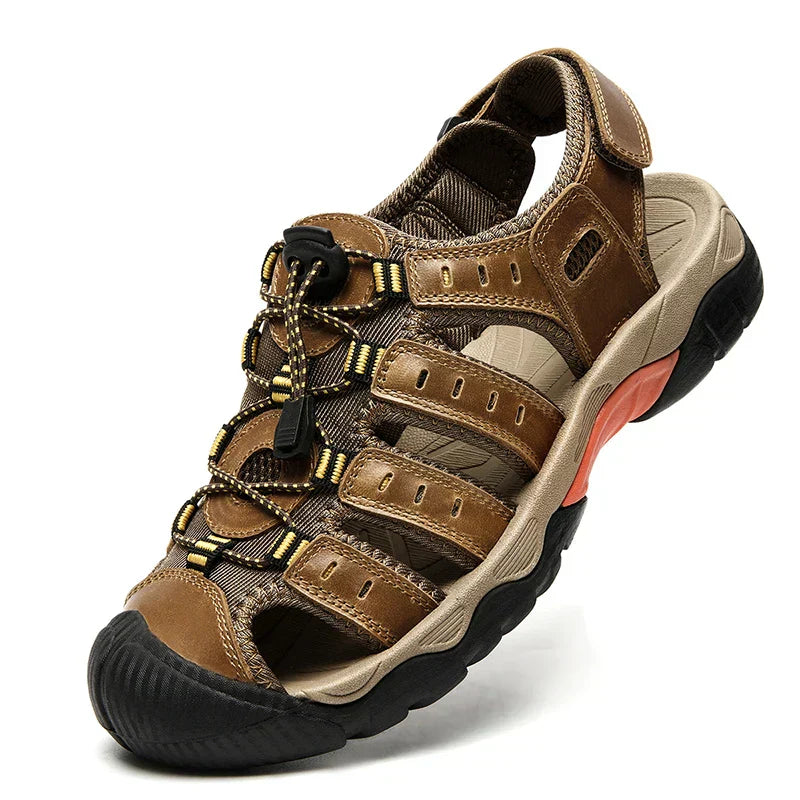 Men's Leather Sandals with Elastic Closure and Rubber Sole