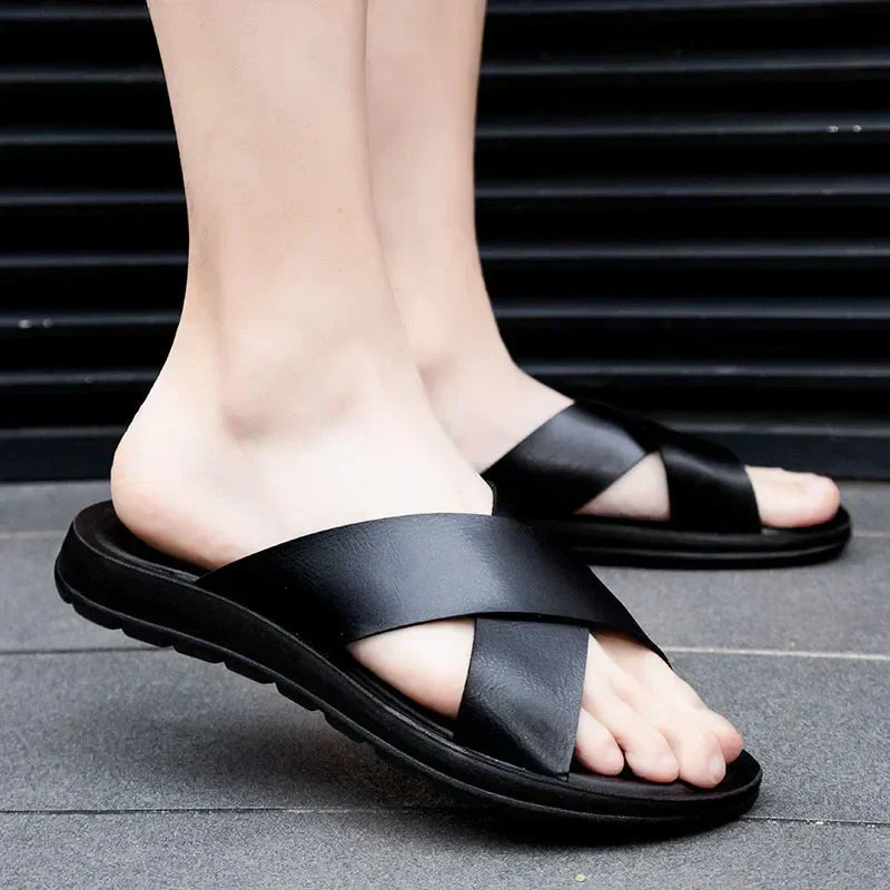 Men's Leather Sandals with Slip On and Flexible Footbed
