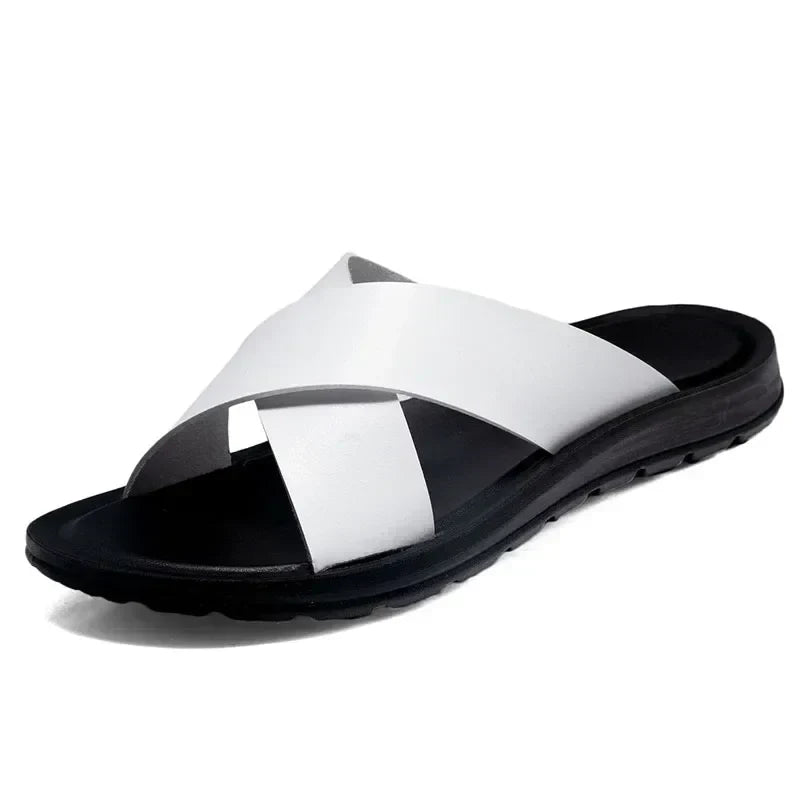 Men's Leather Sandals with Slip On and Flexible Footbed