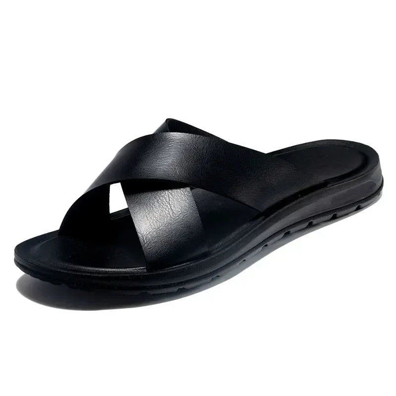 Men's Leather Sandals with Slip On and Flexible Footbed