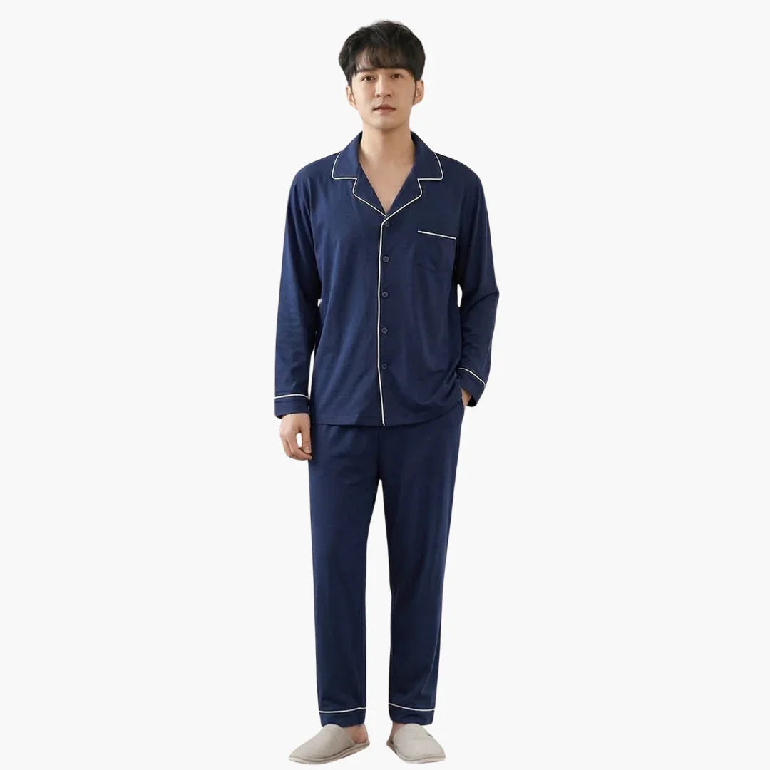 Men's Pajama Set with Button Placket and Long Sleeves