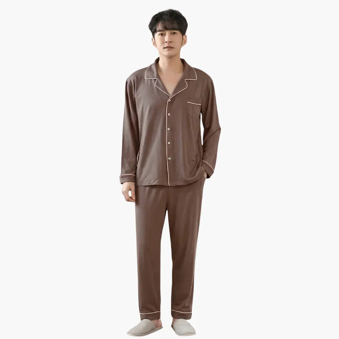 Men's Pajama Set with Button Placket and Long Sleeves