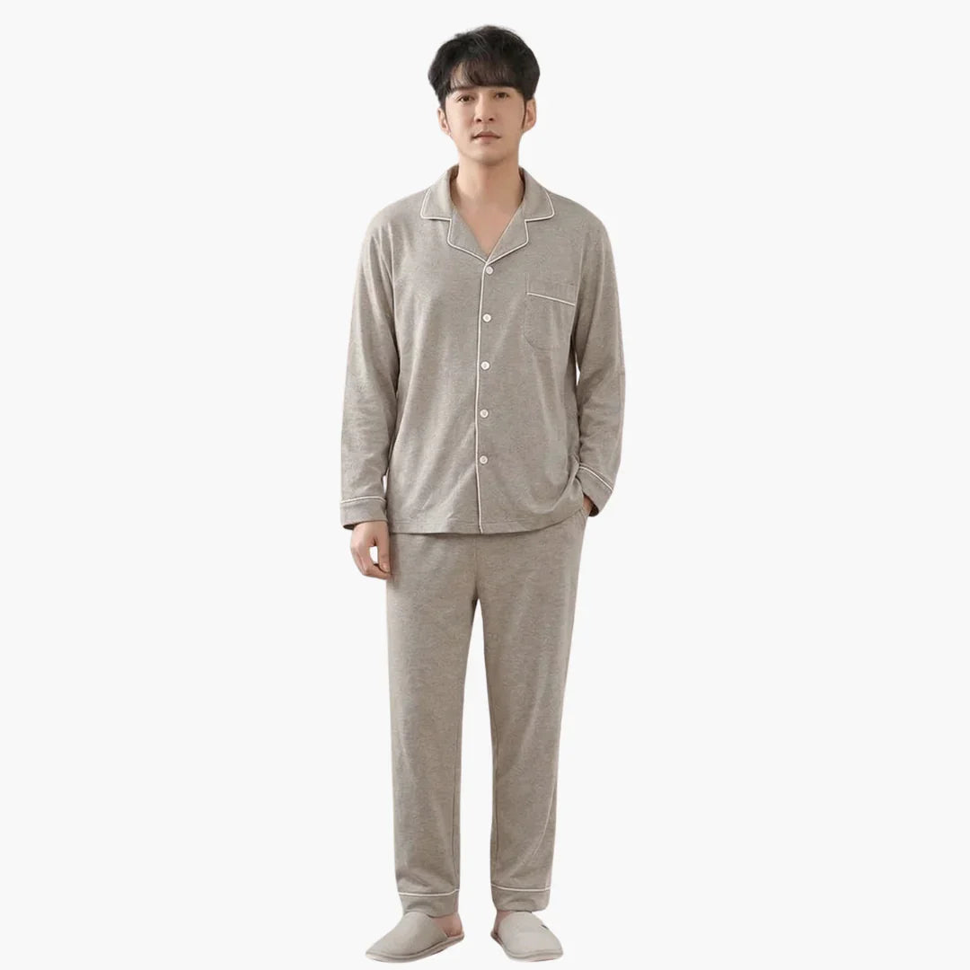 Men's Pajama Set with Button Placket and Long Sleeves