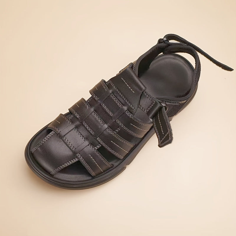 Men's Sandals with Hook Closure and Leather Upper