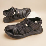 Men's Sandals with Hook Closure and Leather Upper