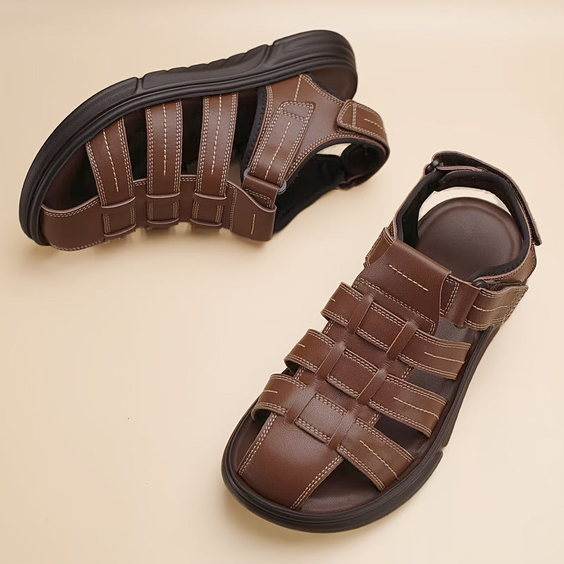 Men's Sandals with Hook Closure and Leather Upper