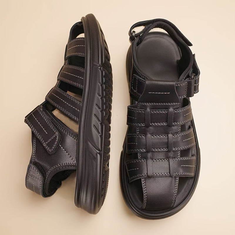 Men's Sandals with Hook Closure and Leather Upper