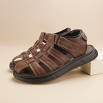 Men's Sandals with Hook Closure and Leather Upper