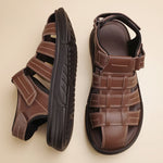 Men's Sandals with Hook Closure and Leather Upper