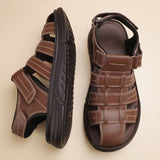 Men's Sandals with Hook Closure and Leather Upper