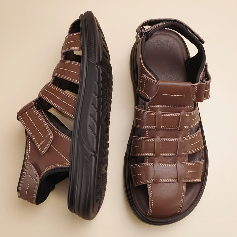 Men's Sandals with Hook Closure and Leather Upper
