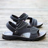 Men's Sandals with Leather Upper - Slip On Closure and Microfiber Insole