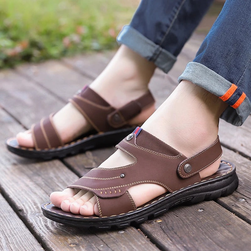 Bavane | Men's Sandals with Leather Upper - Slip On Closure and Microfiber Insole