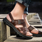 Men's Sandals with Leather Upper and Slip On Closure