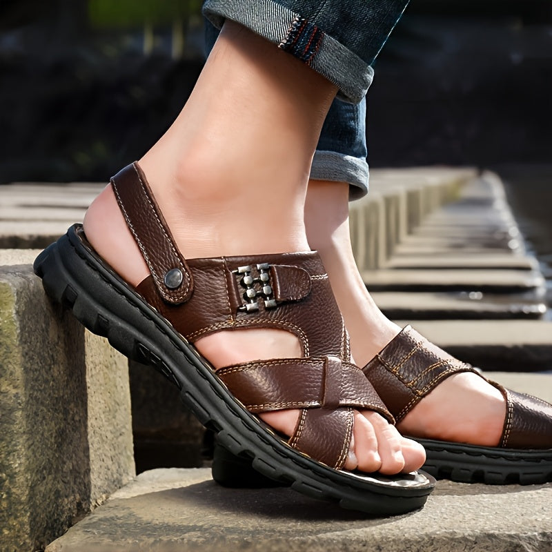 Men's Sandals with Leather Upper and Slip On Closure
