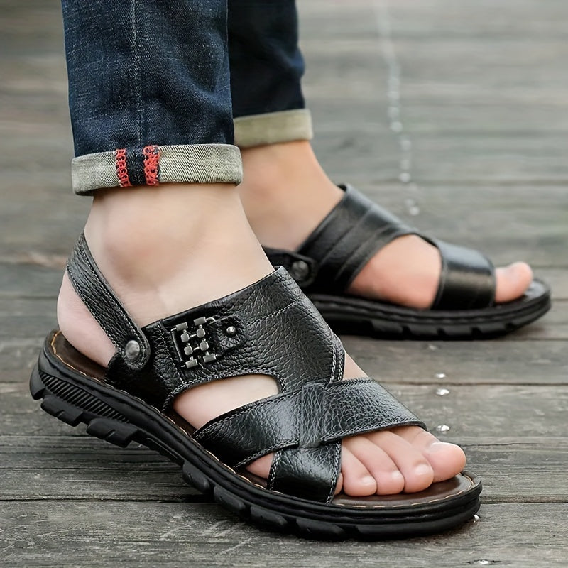 Men's Sandals with Leather Upper and Slip On Closure