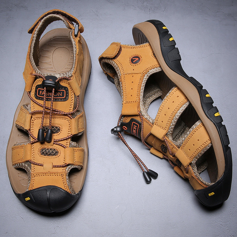 Men's Sandals with Leather Upper and Velcro Strap