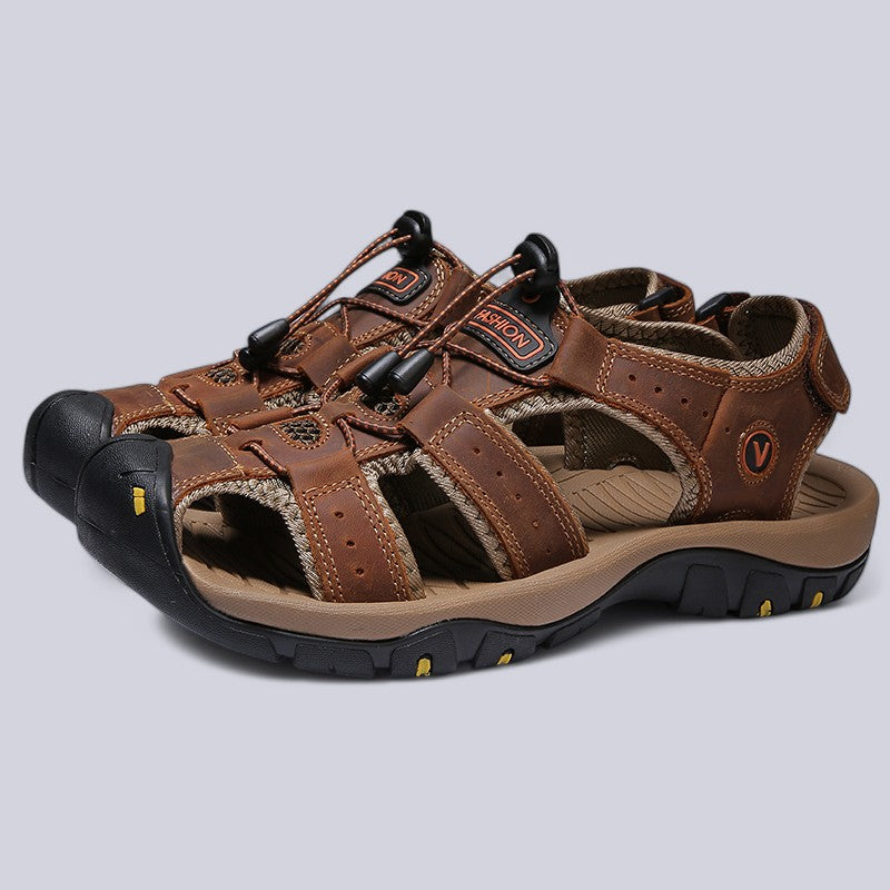 Men's Sandals with Leather Upper and Velcro Strap