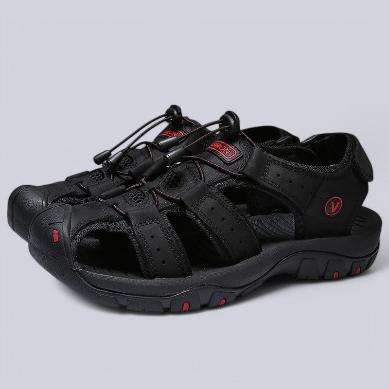 Men's Sandals with Leather Upper and Velcro Strap