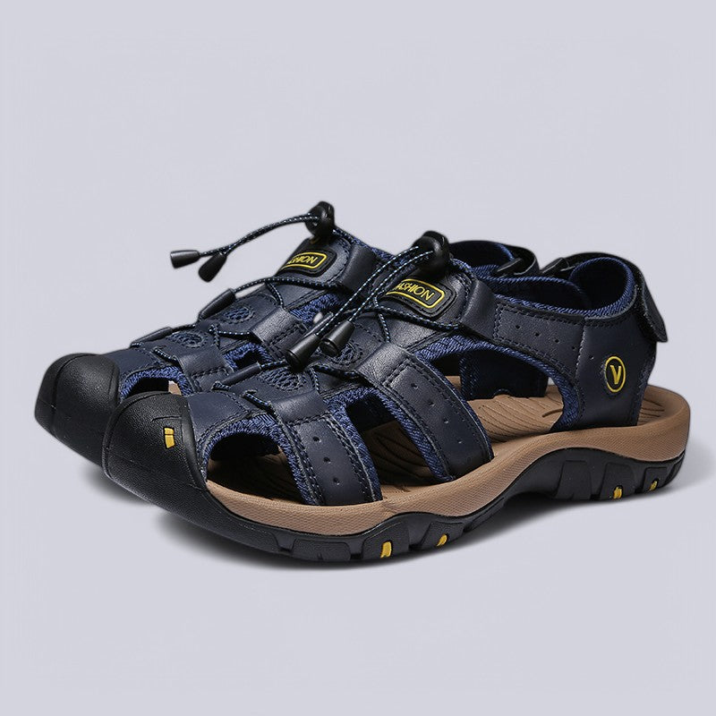 Men's Sandals with Leather Upper and Velcro Strap