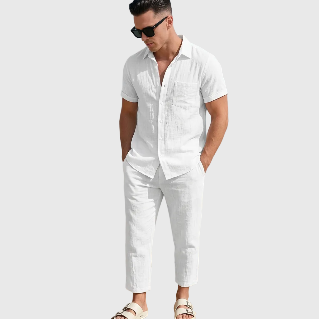 Men's Textured Two-Piece Summer Set with Short Sleeve Shirt and Pants