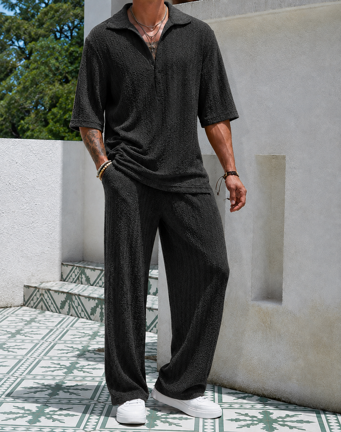 Men's Two-Piece Set with Textured Surface and Open Collar