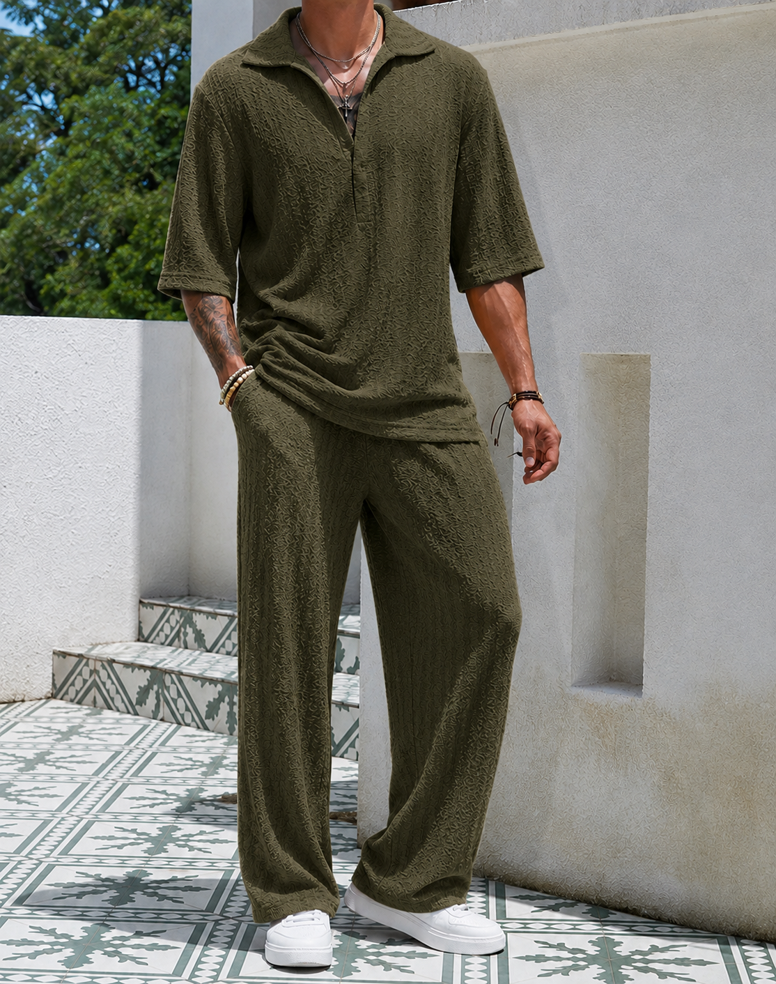 Men's Two-Piece Set with Textured Surface and Open Collar