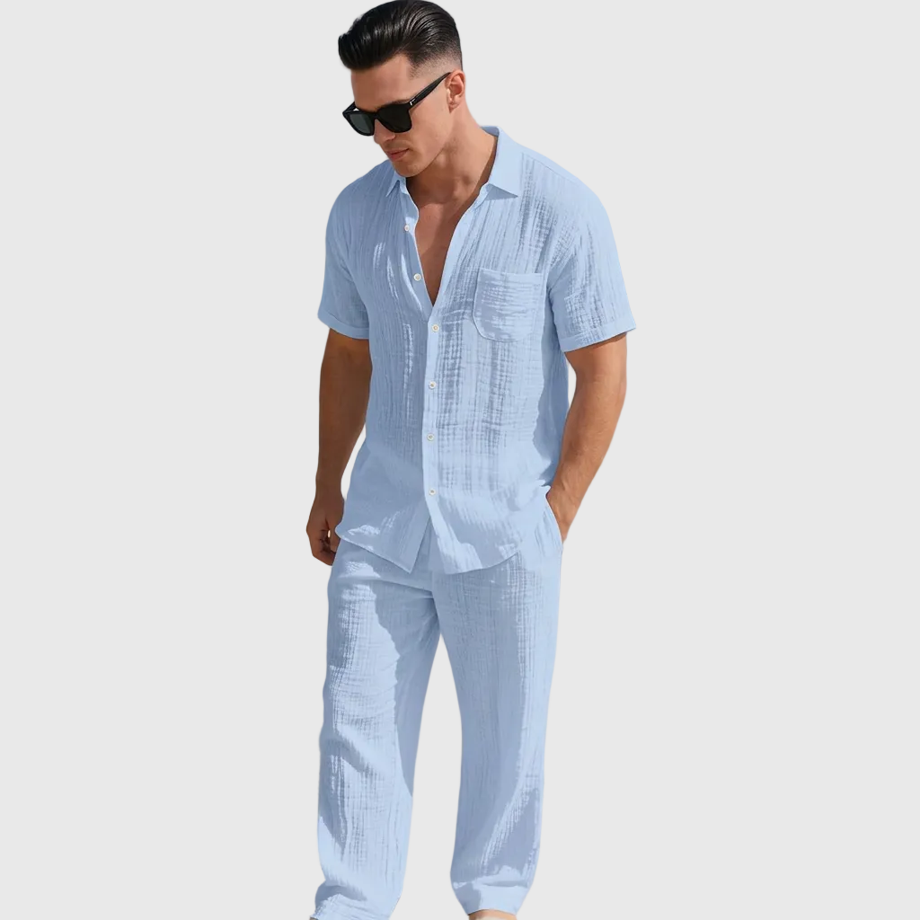 Men's Textured Two-Piece Summer Set with Short Sleeve Shirt and Pants