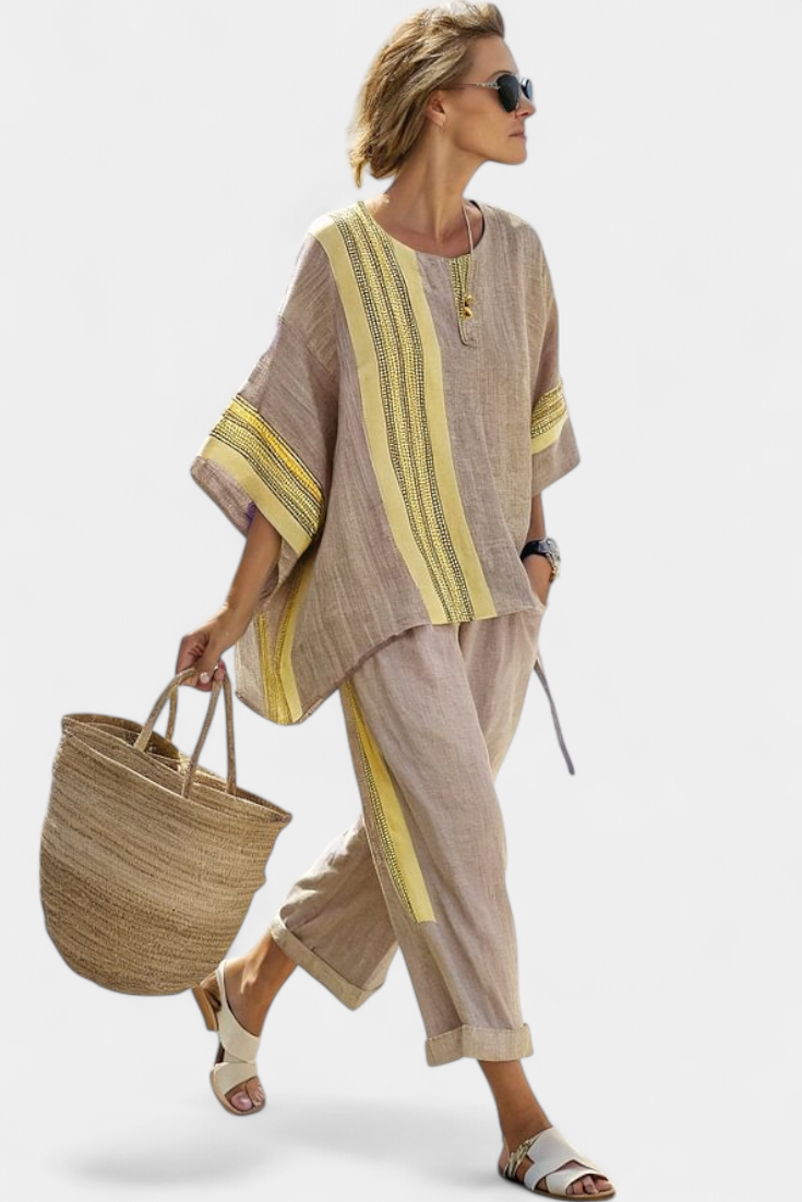 Elowric | Elegant Lavender Top & Mustard Striped Trousers