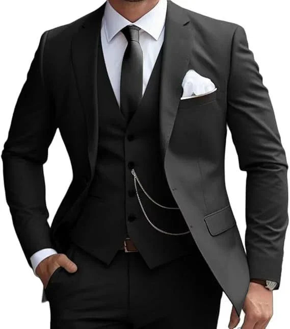 Men's Three-Piece Suit with Lapel Vest and Flat Trousers