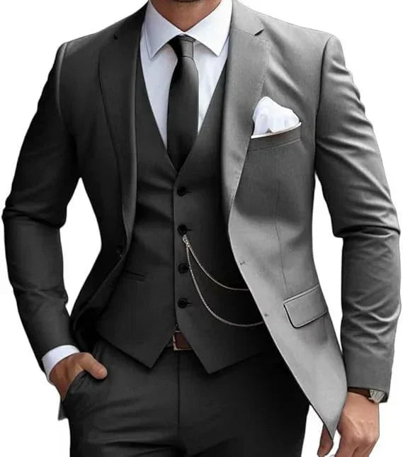 Men's Three-Piece Suit with Lapel Vest and Flat Trousers